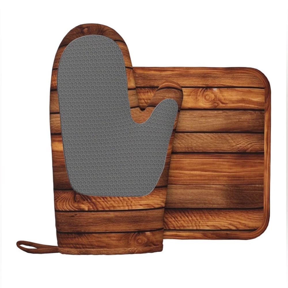 Wooden Pattern Oven Mitt and Pot Holder Set - Picture 4 of 10